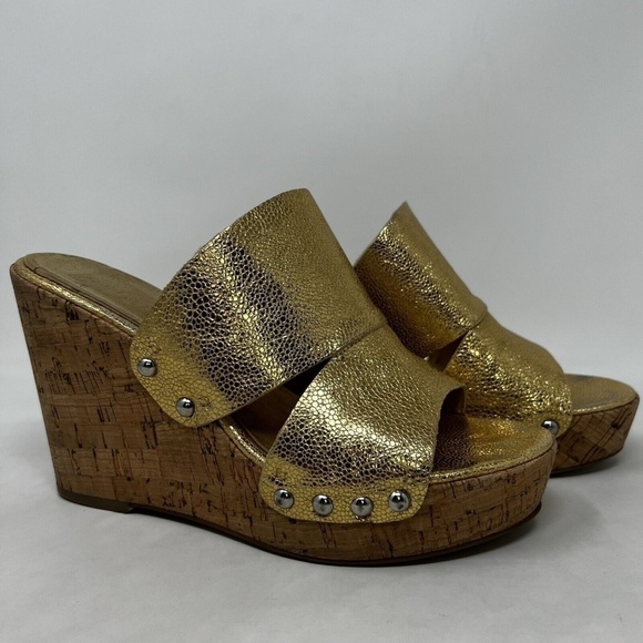 Nine West Open Toe Gold Strap NW Jaimy Wedge Heels Womens Size 8.5 M - Picture 1 of 12